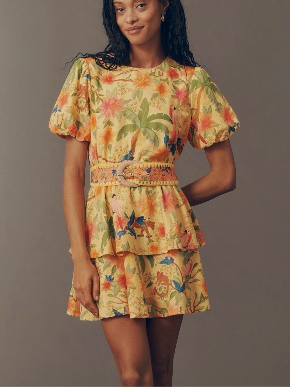 Farm Rio x Anthropologie Yellow Animal Print Belted Tiered Mini Dress Small